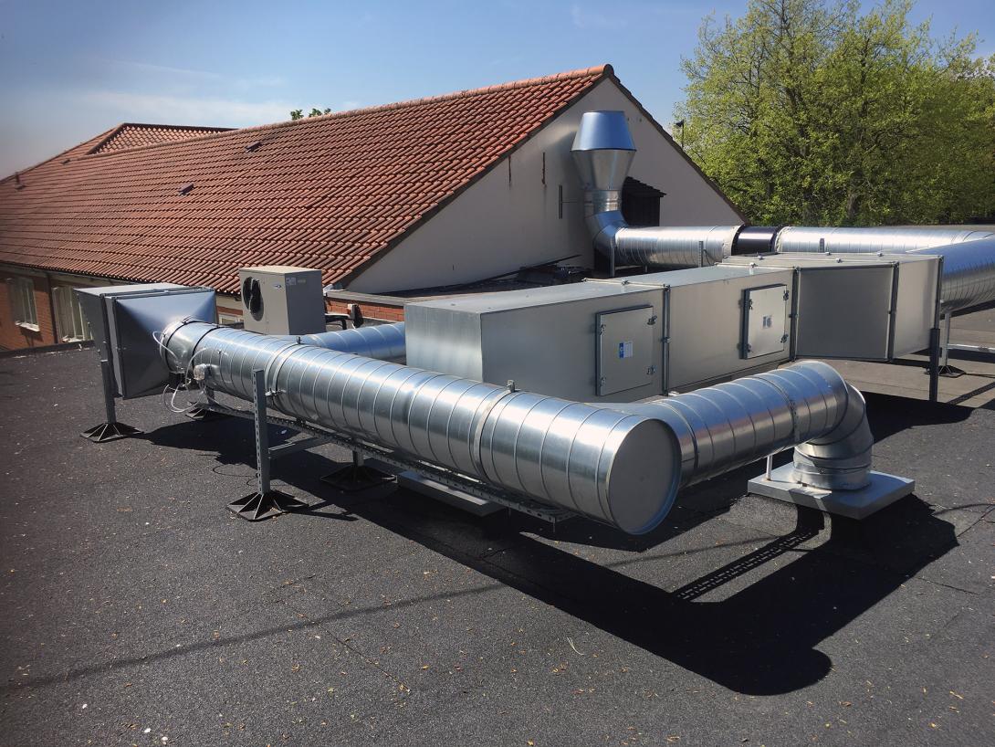 This image shows a large ductwork extraction for both fresh air and extraction for a commercial kitchen.